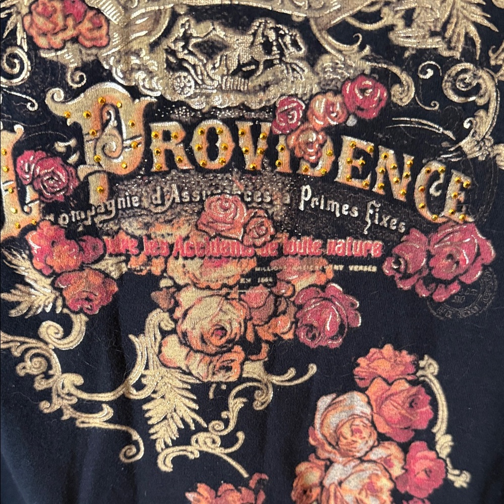 Westbound Black Tee with Gold Scrollwork and Pink Floral Print - Picture 4 of 5